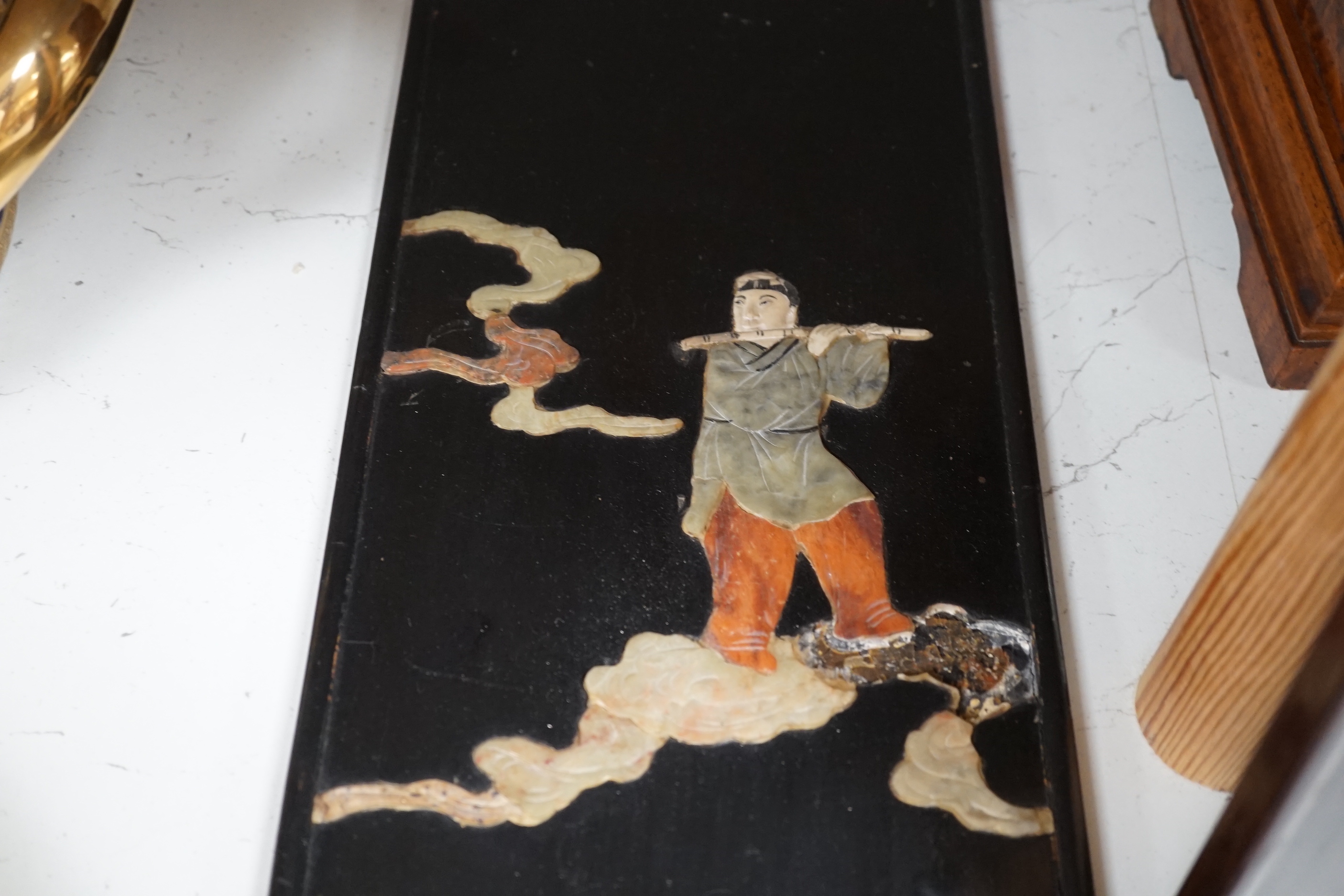 Two Chinese hardwood and soapstone panels depicting immortals, largest 73cm high